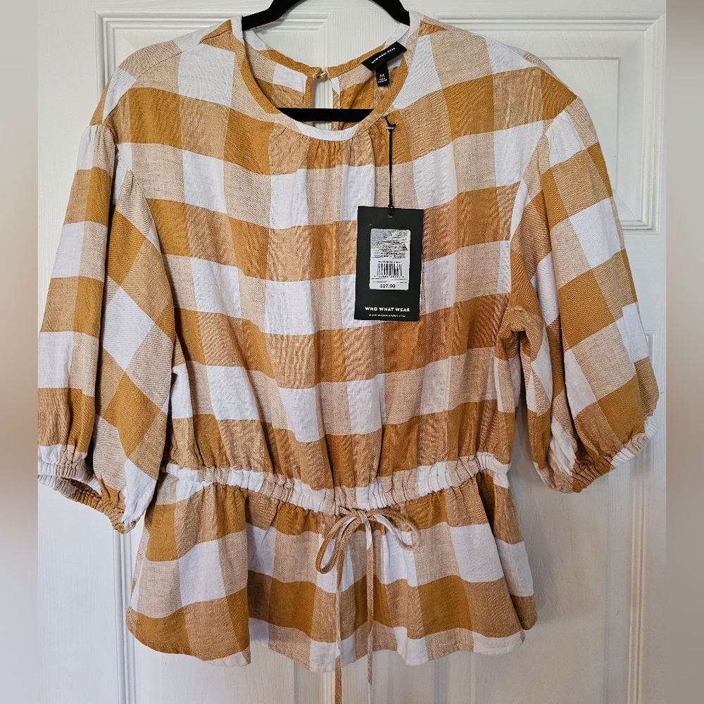 Who What Wear Honey Mustard/White Plaid Top - Medium